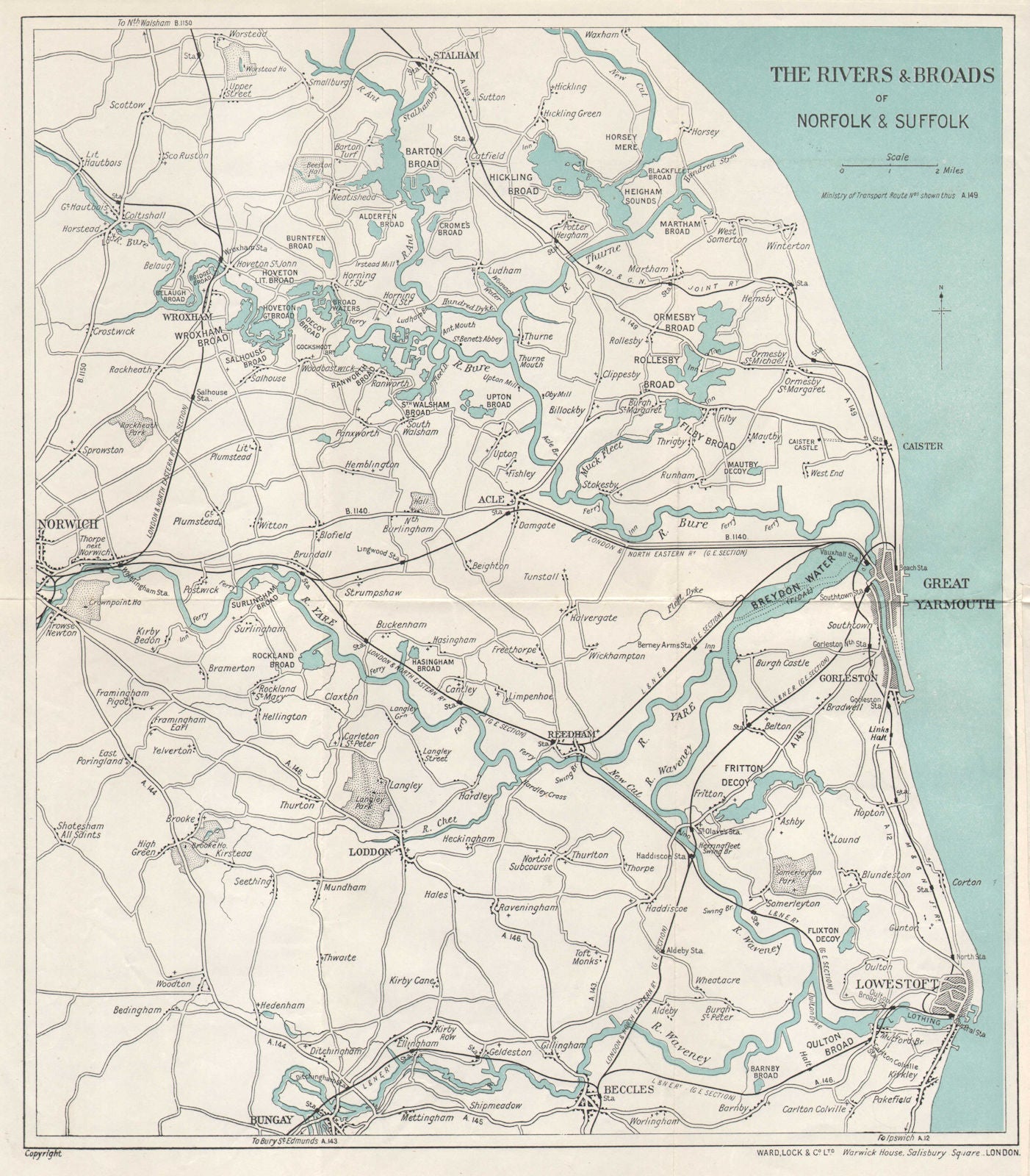 THE NORFOLK BROADS. Great Yarmouth Lowestoft Beccles Norwich. WARD LOCK 1928 map
